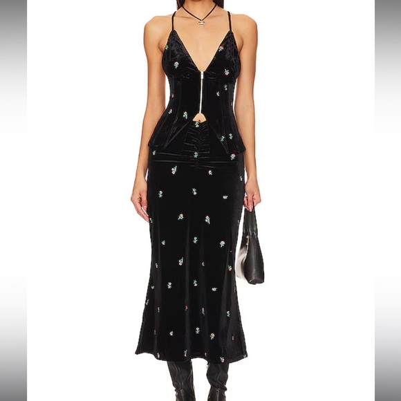 WeWoreWhat Embroider Velvet Peplum Corset Ruched Skirt Set NWT 0 XS - Picture 1 of 11